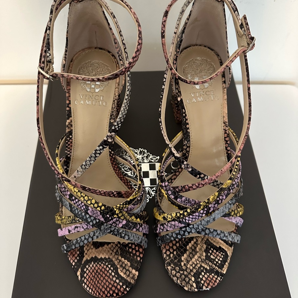 Vince Camuto Multi color snake strappy heels. Sz 7.5. Worn a handful of times.
